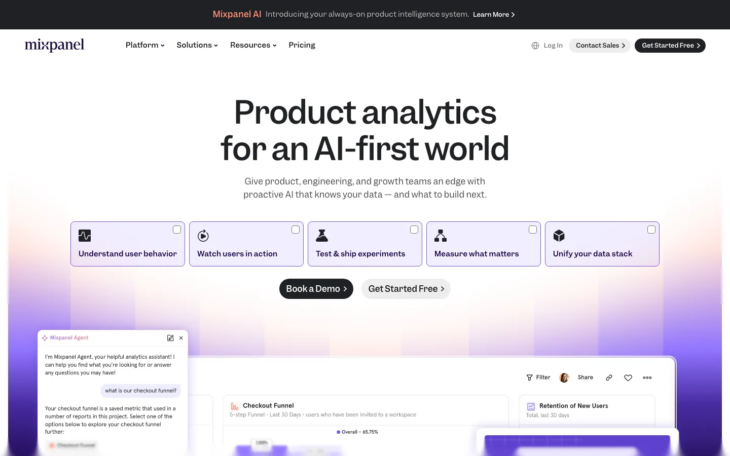 Mixpanel analytics platform homepage showing funnel analysis and AI-powered product intelligence for cross-functional teams