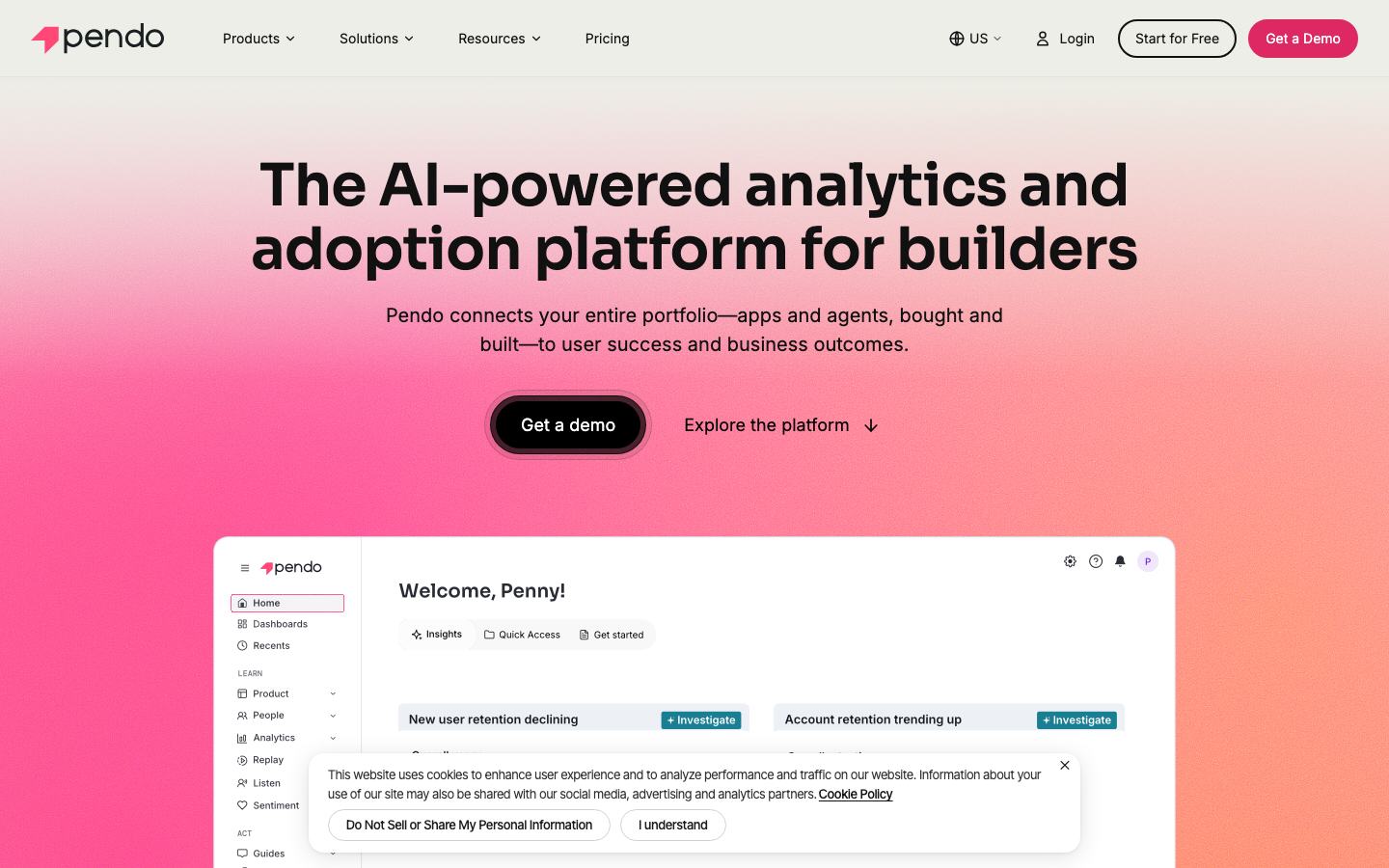 Pendo analytics platform showing AI-powered adoption dashboard with user intent signals and account health data