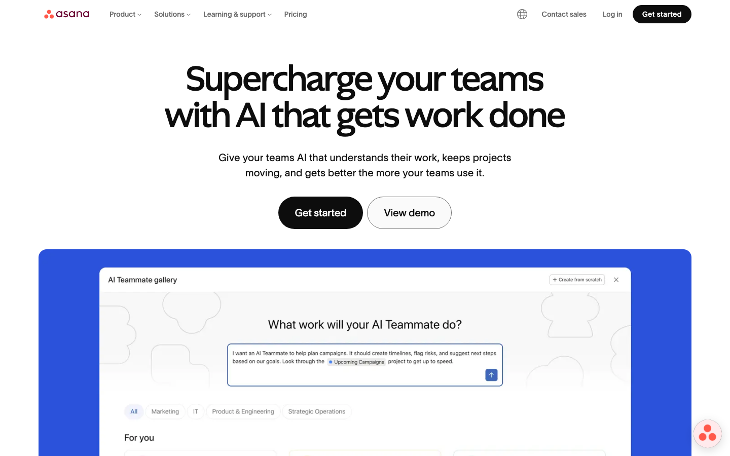 Asana homepage showing AI Teammate gallery and cross-functional project workspace