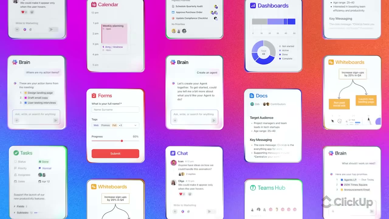 ClickUp task detail view with custom fields, subtasks, time tracking, and dependency links