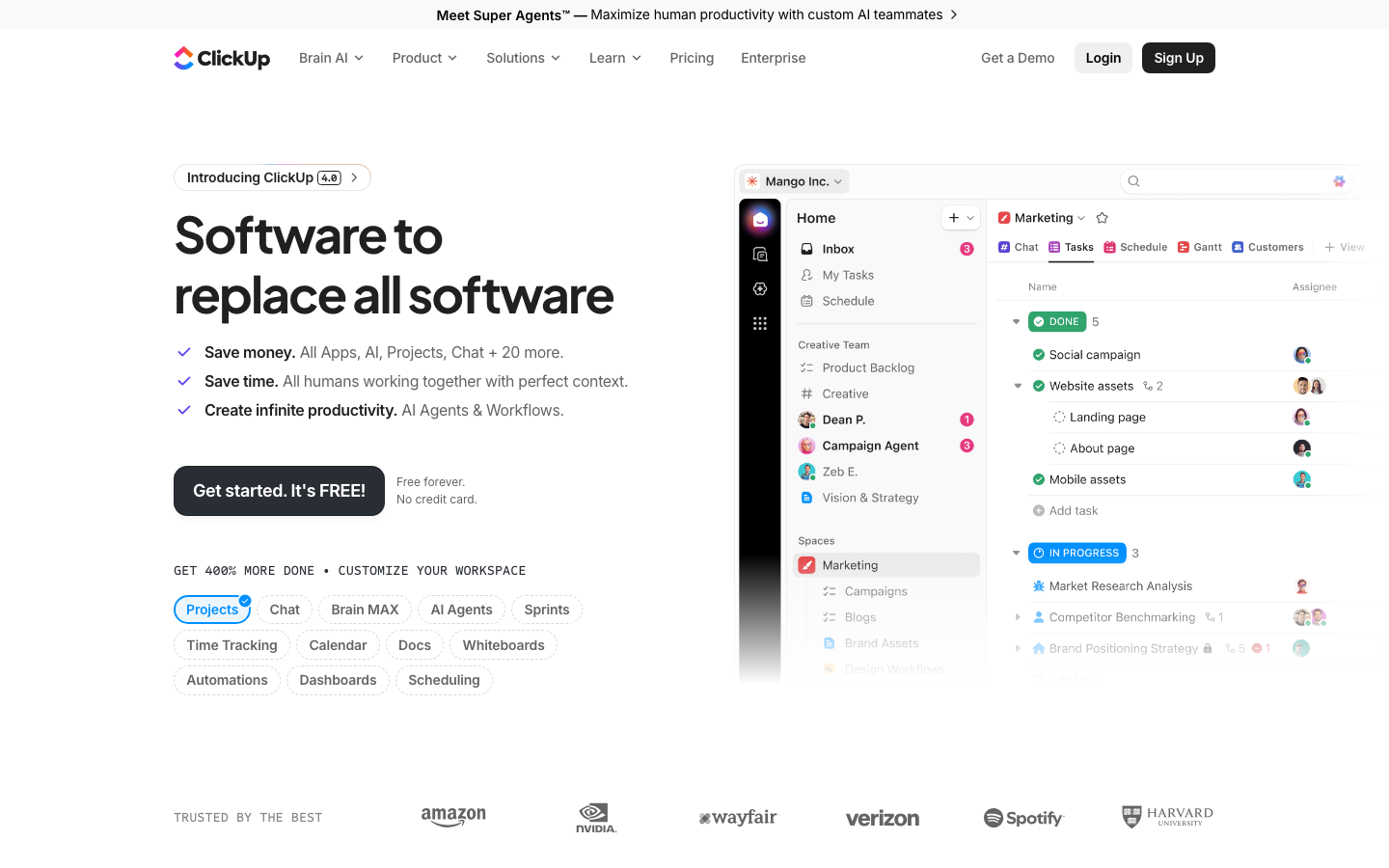 ClickUp homepage showing task management workspace with sidebar, task board, and AI agent features