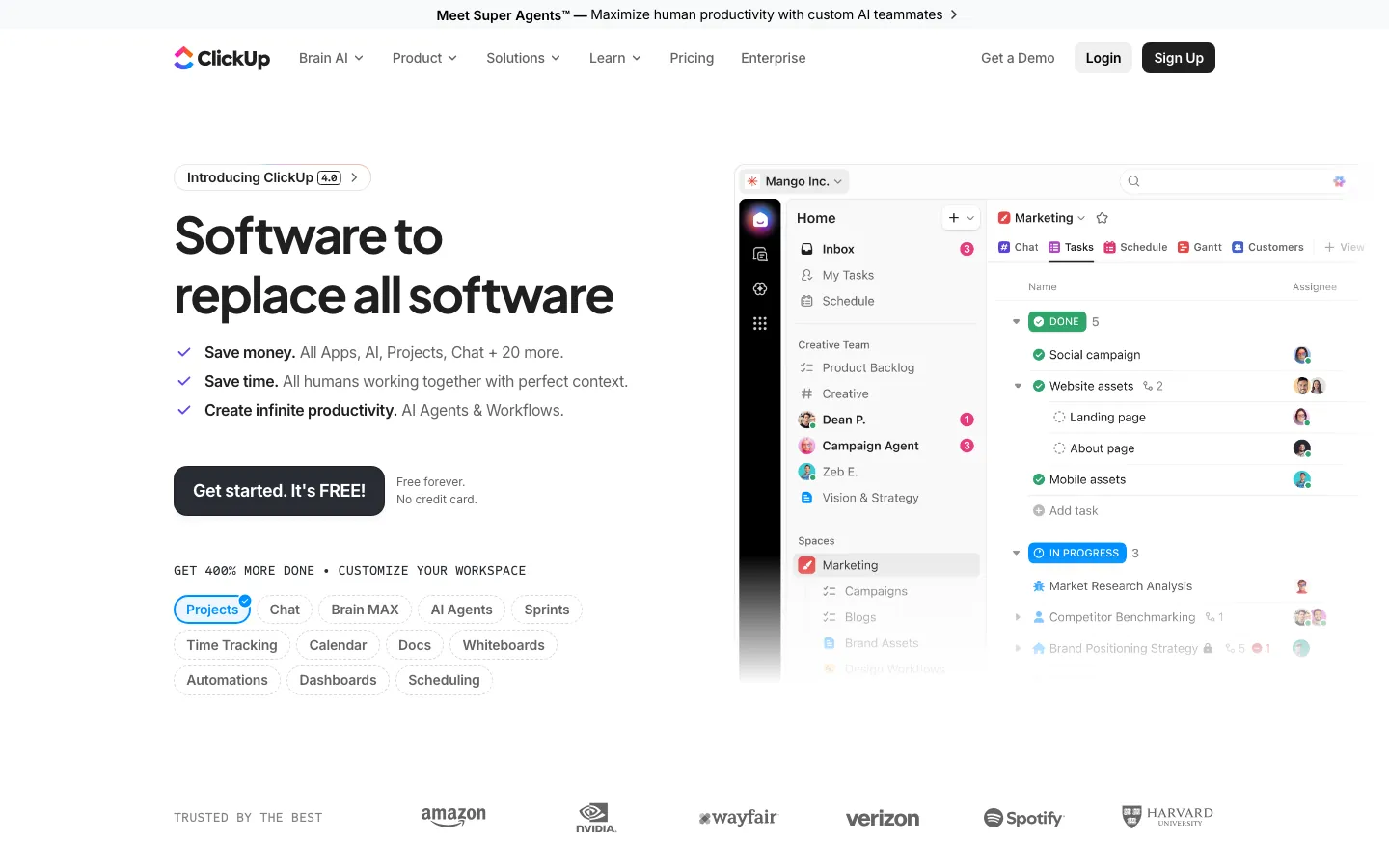 ClickUp homepage showing task management workspace with sidebar, task board, and AI agent features