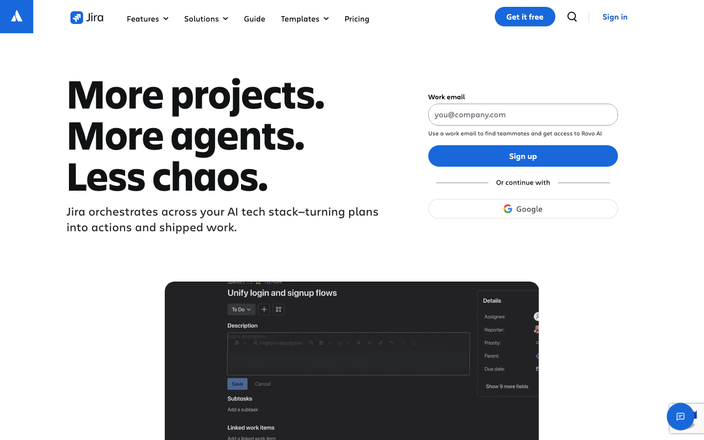 Jira homepage showing project issue tracker with subtasks, AI description assist, and developer workflow