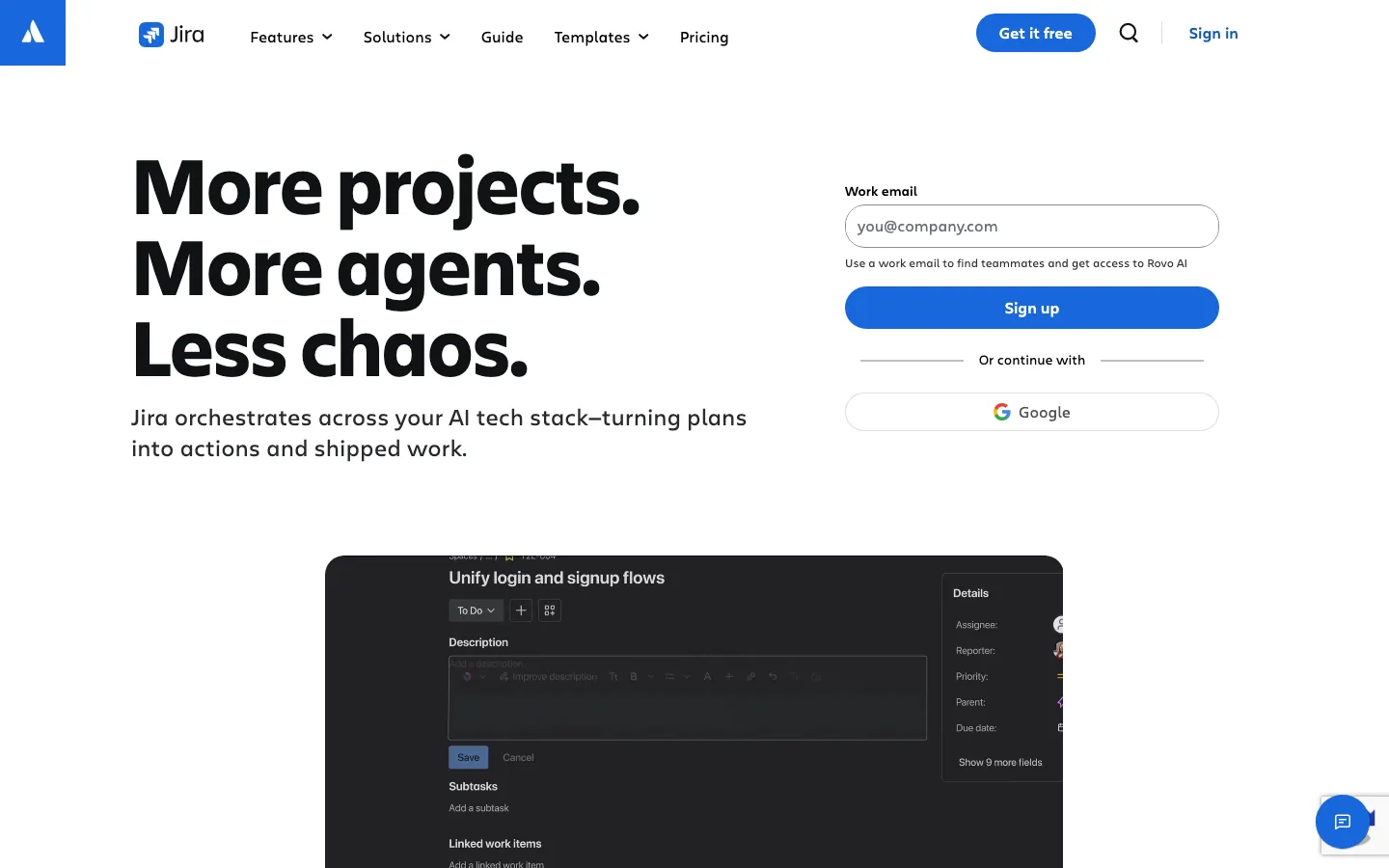 Jira homepage showing project issue tracker with subtasks, AI description assist, and developer workflow