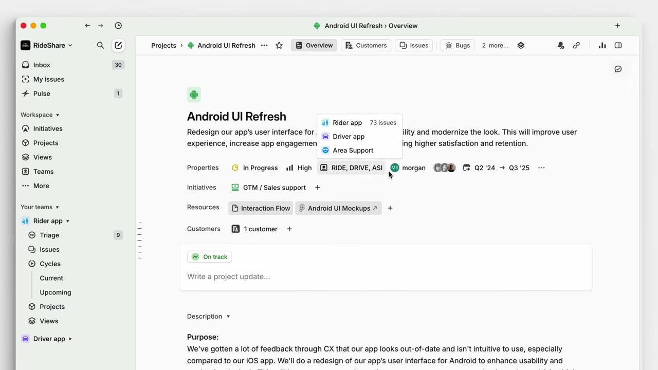 Linear roadmap view showing project milestones across engineering teams with timeline bars