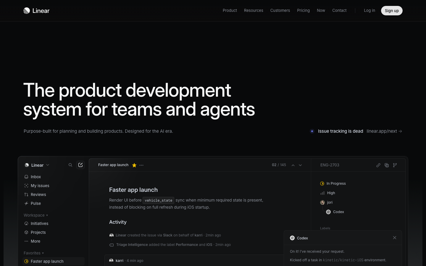 Linear homepage showing dark product development workspace with sprint issues, triage intelligence, and AI Codex agent