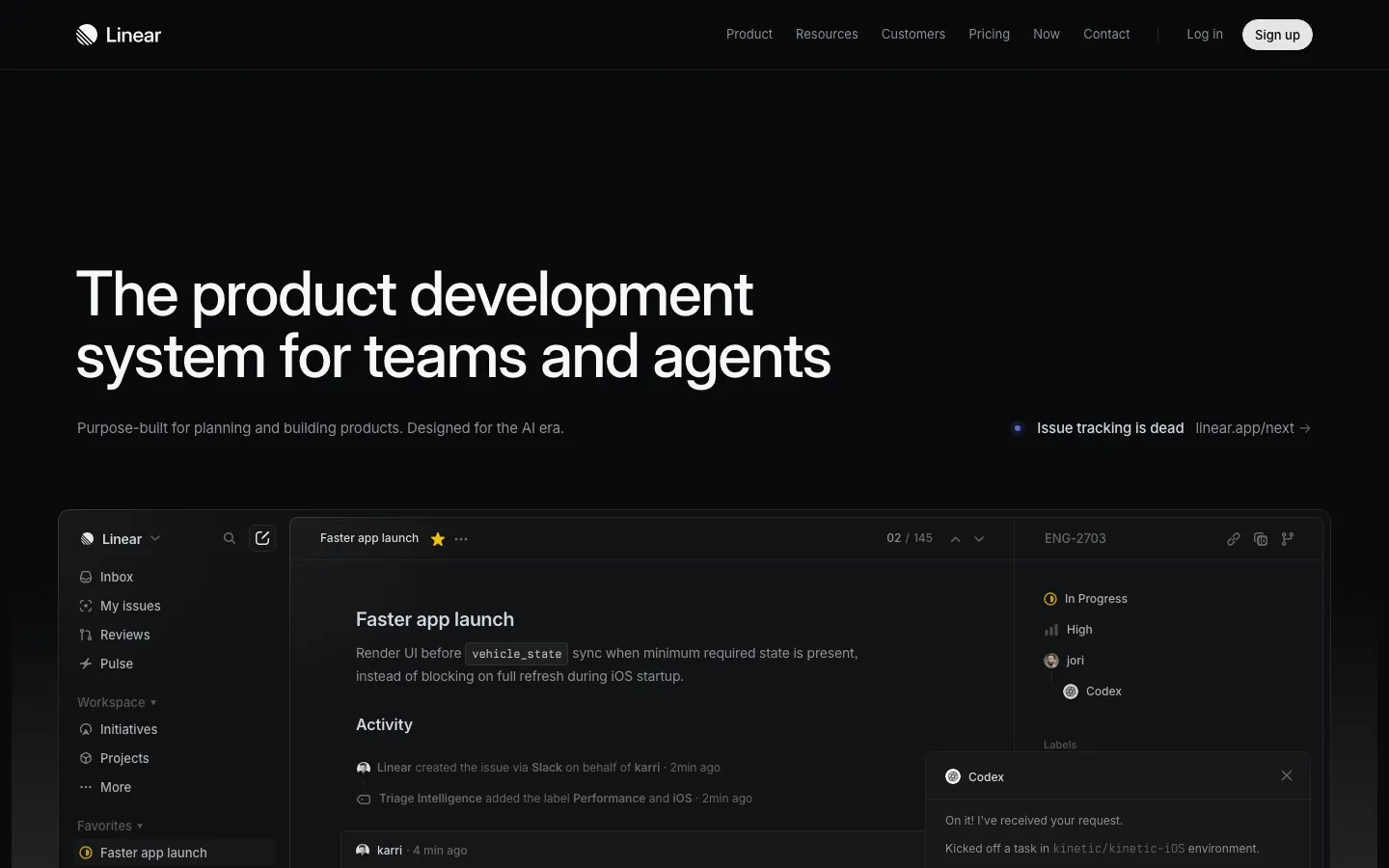 Linear homepage showing dark product development workspace with sprint issues, triage intelligence, and AI Codex agent