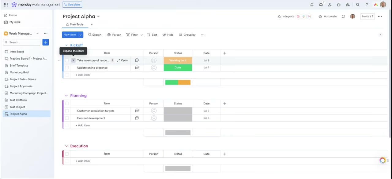 Monday.com board view with color-coded status columns, owner assignments, and item groups