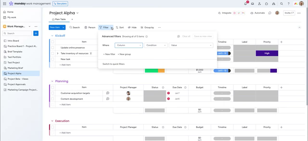 Monday.com automation center showing pre-built recipes for status changes and notifications