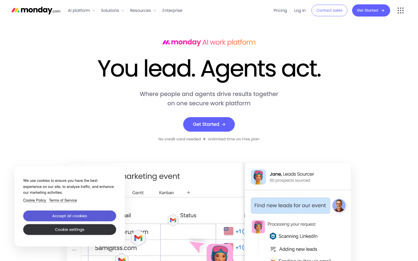 Monday.com homepage showing AI work platform with marketing event project and lead sourcing agent