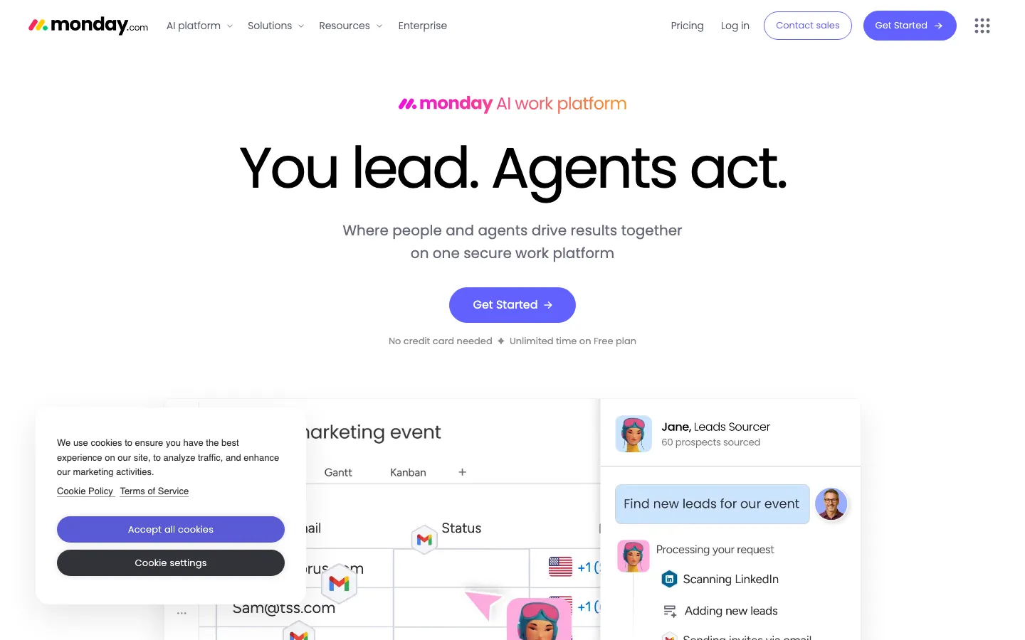 Monday.com homepage showing AI work platform with marketing event project and lead sourcing agent