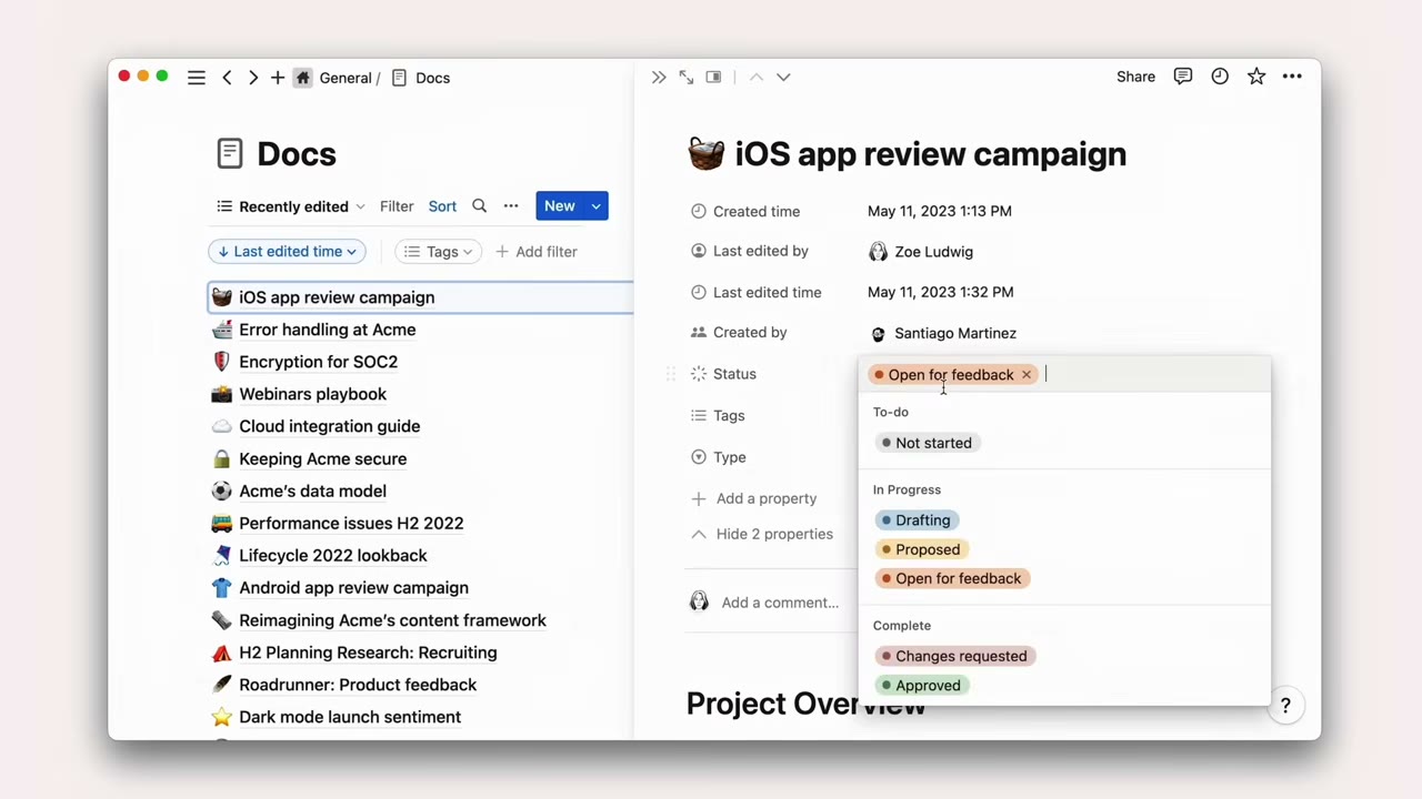 Notion Projects home page showing active projects as a gallery with progress indicators