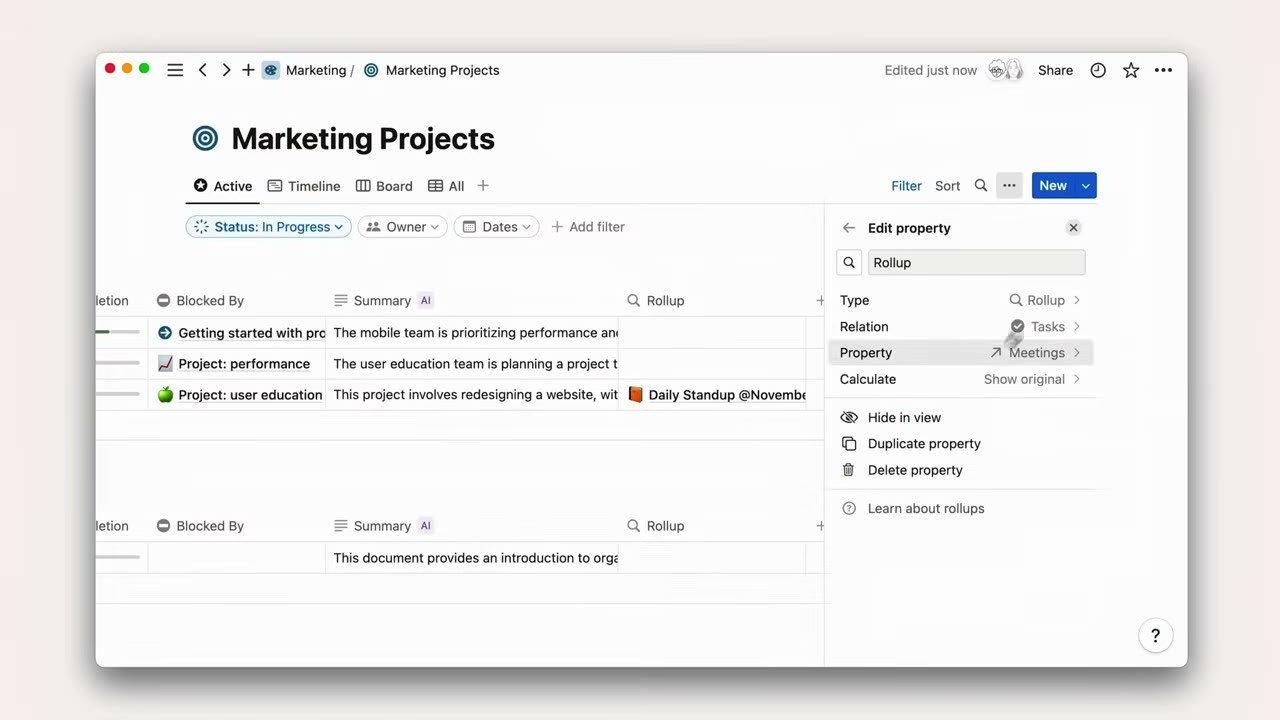 Notion table view of a sprint backlog with grouped tasks, due dates, and linked documents