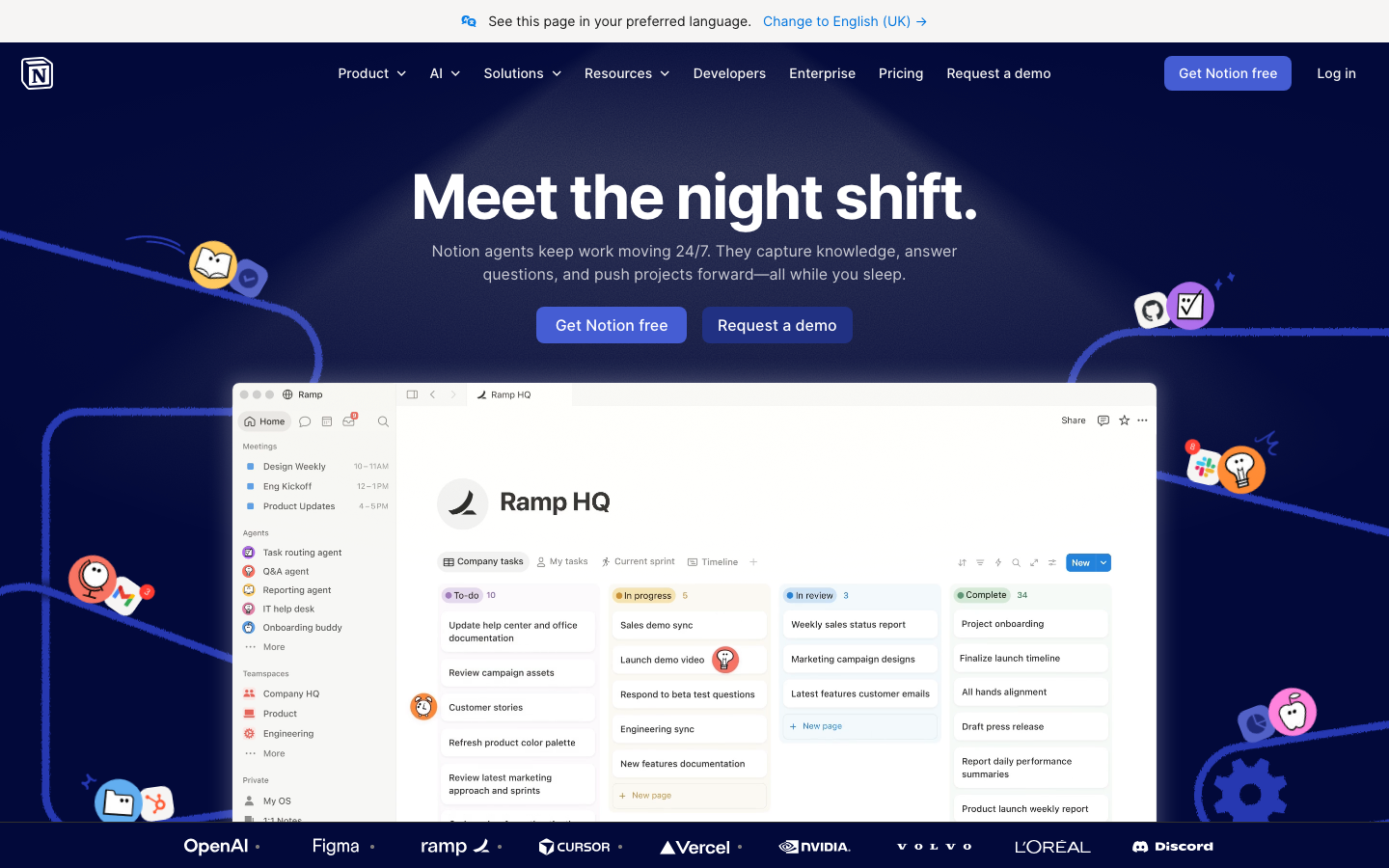 Notion homepage showing connected workspace with docs, databases, and AI features