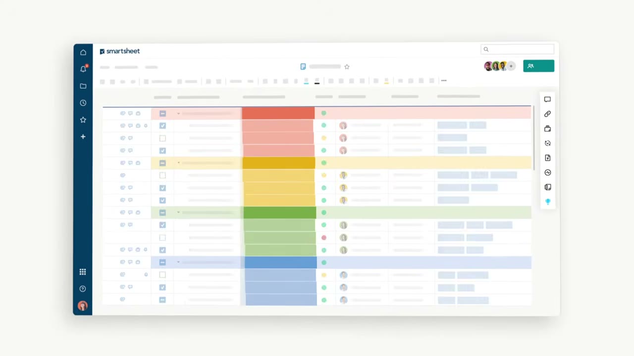 Smartsheet grid view showing project rows with hierarchy indentation, status column, and attachments