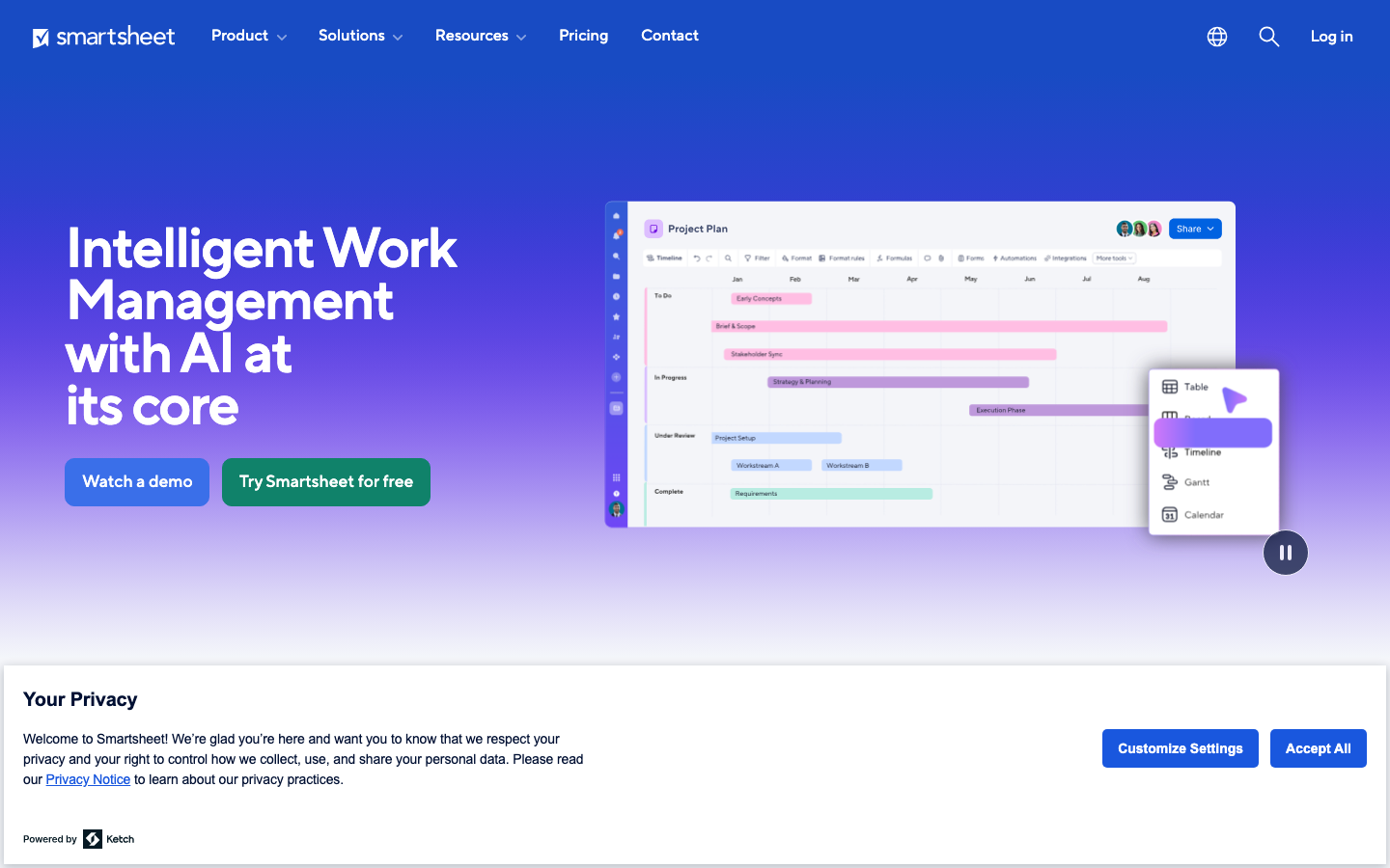 Smartsheet homepage showing intelligent work management platform with Gantt project plan and AI features
