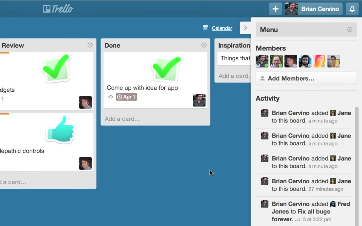 Trello card detail view with checklists, due dates, attachments, and member assignment