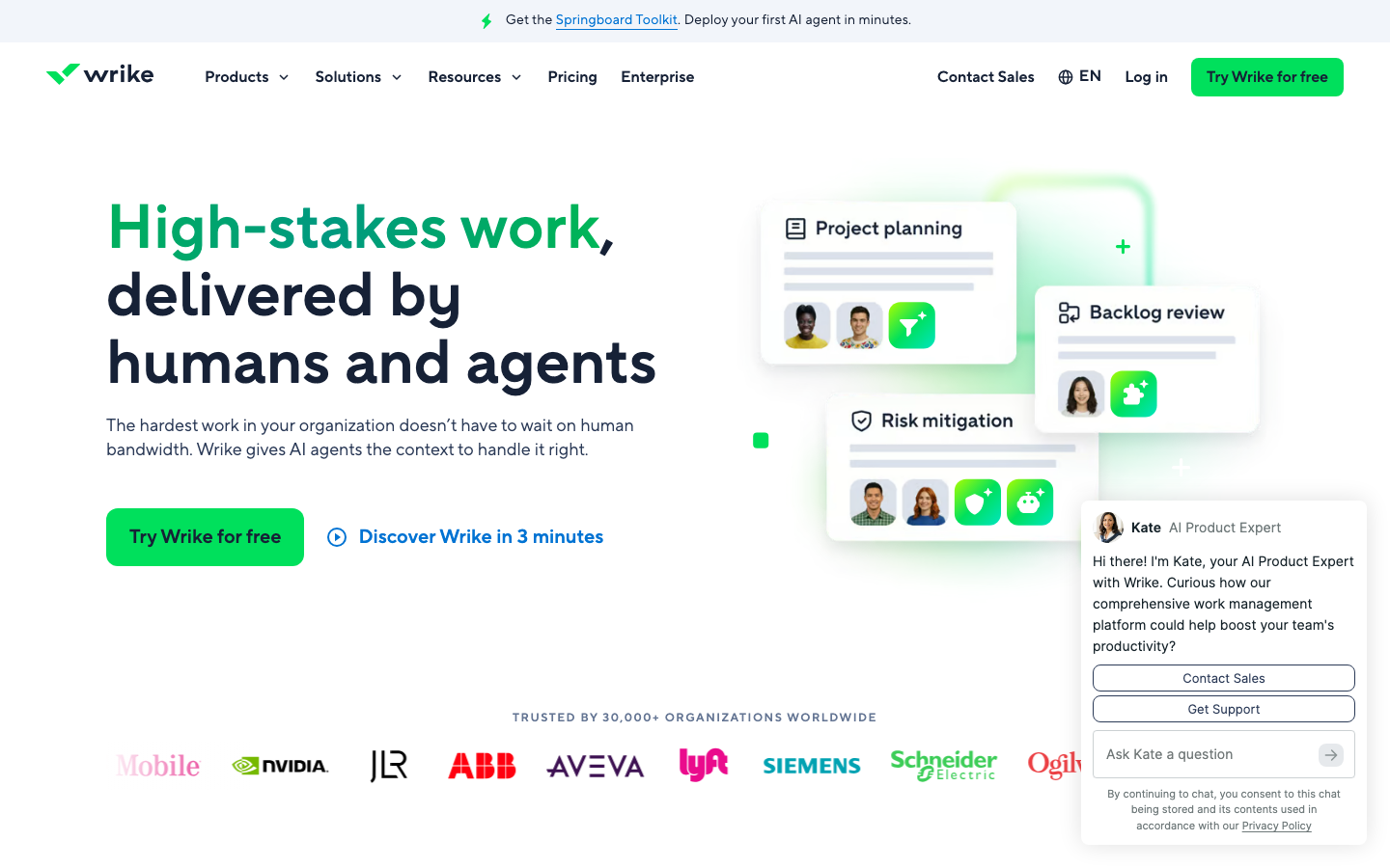 Wrike homepage showing work management platform with team collaboration and project tracking