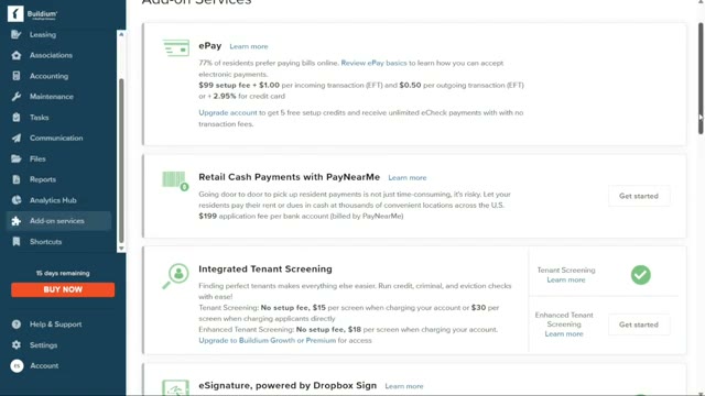 Buildium property management dashboard showing tenant and lease management tools