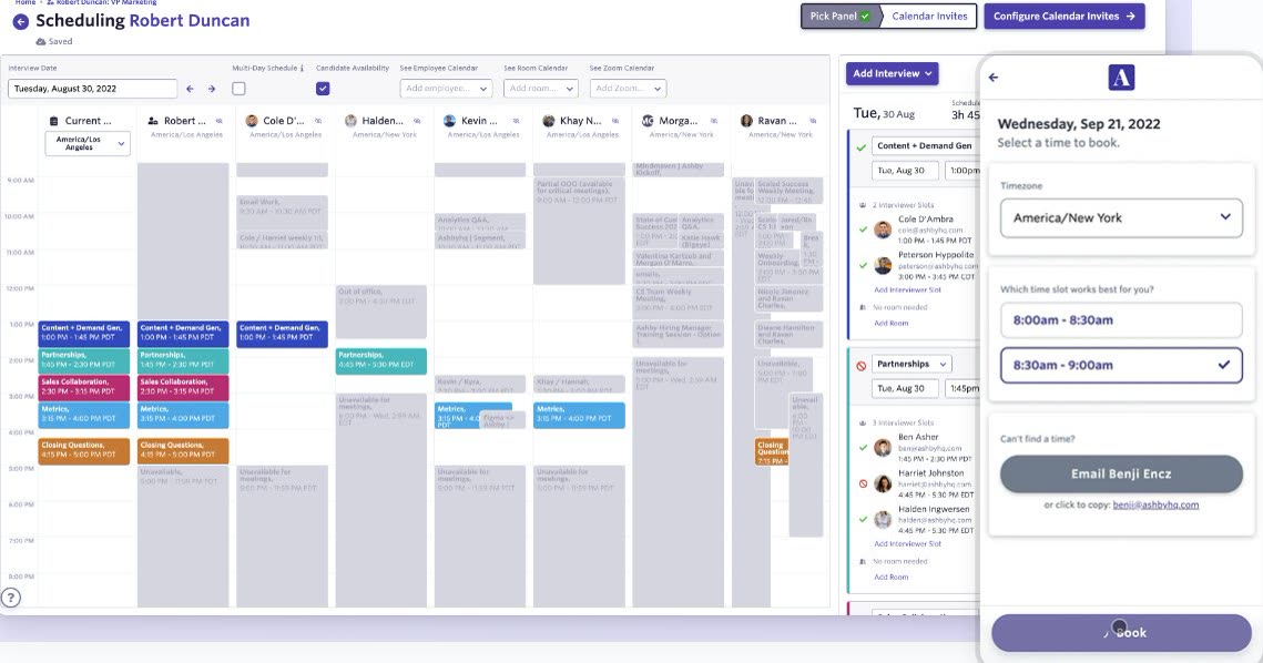 Ashby interview scheduling calendar with interviewer availability and a candidate self-booking widget