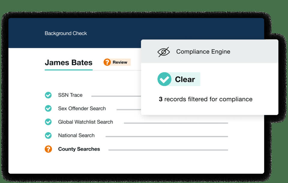 Checkr background check report for a candidate with a compliance engine panel clearing records
