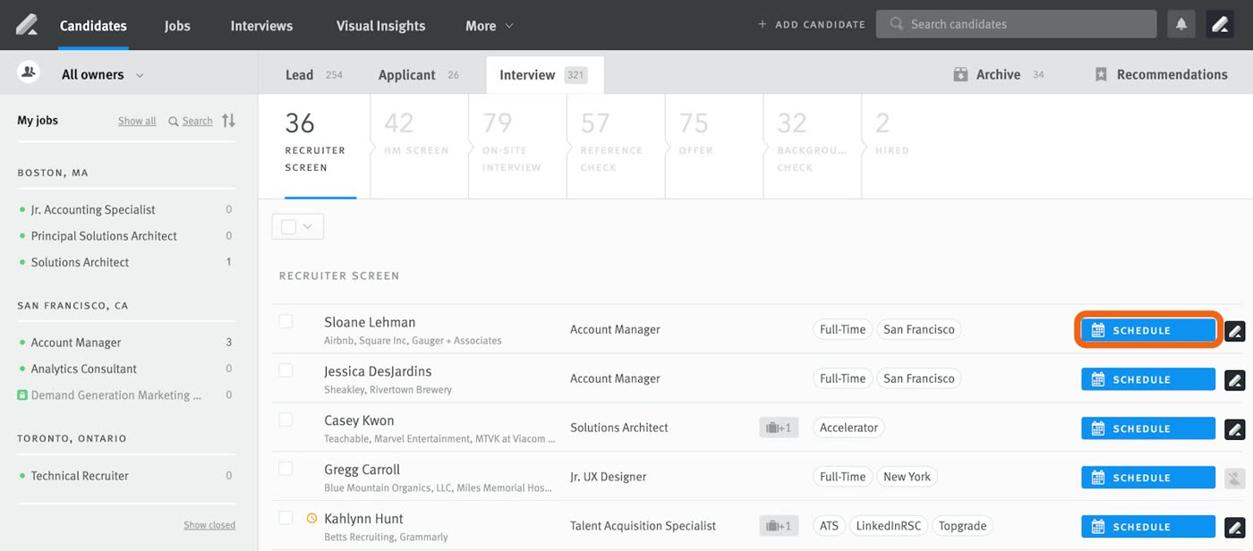 Lever candidate pipeline showing counts across recruiter screen, on-site interview, and offer stages