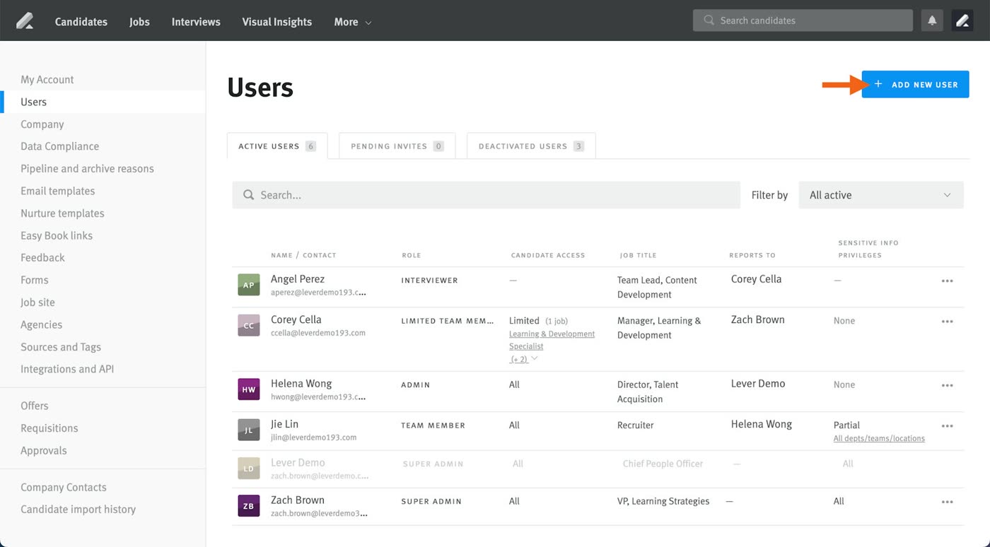 Lever admin panel listing users with their roles and candidate access permissions