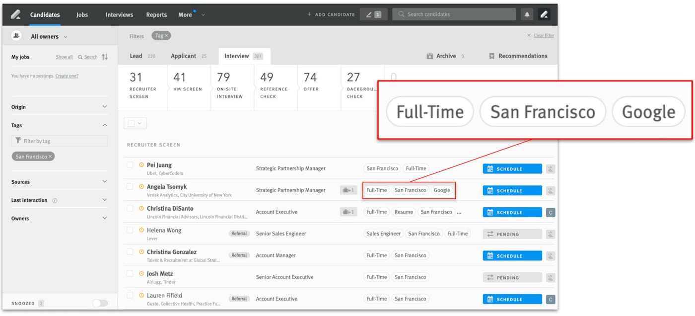 Lever candidate list filtered by tags with location and job type labels highlighted
