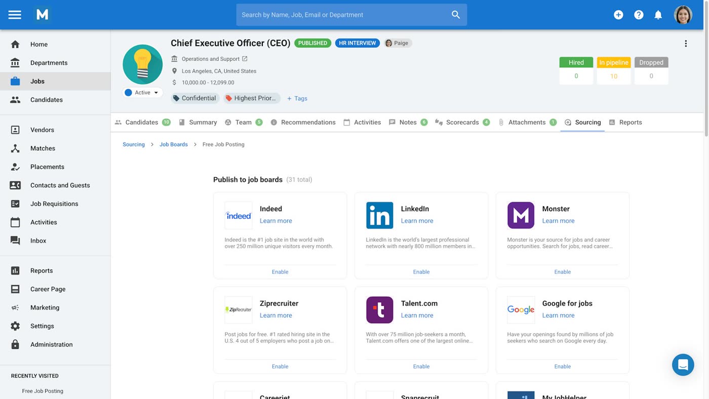 Manatal job board sourcing page for publishing a job to Indeed, LinkedIn, Monster, and other boards