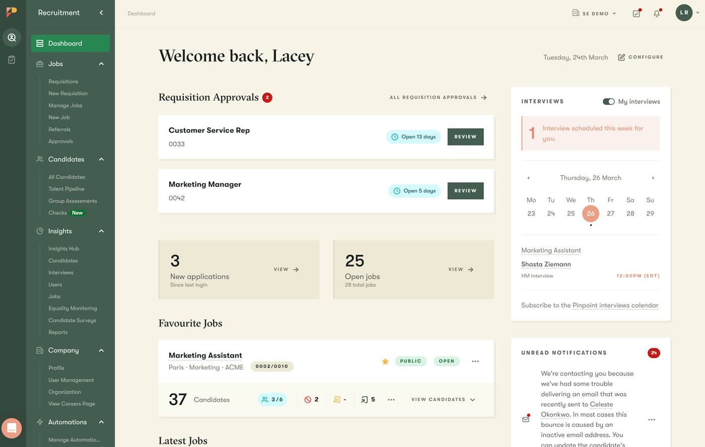 Pinpoint recruiting dashboard showing requisition approvals, open jobs, and an interview calendar