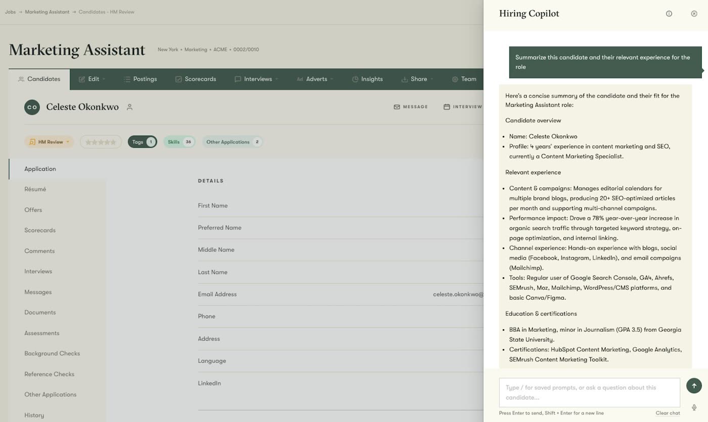 Pinpoint Hiring Copilot AI panel summarizing a candidate application and relevant experience