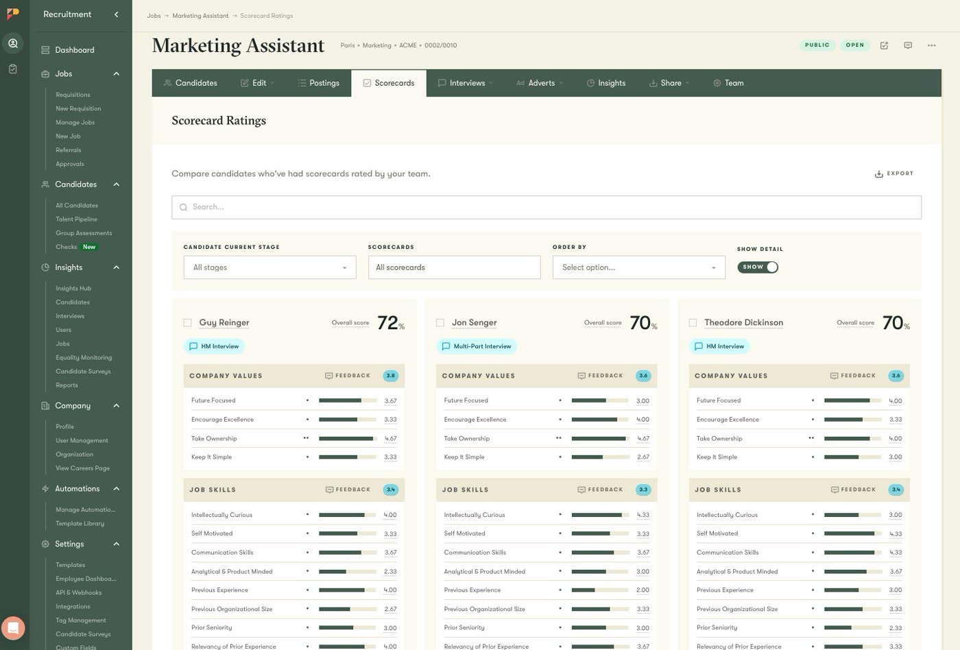 Pinpoint scorecard ratings screen comparing three candidates side by side on company values and job skills