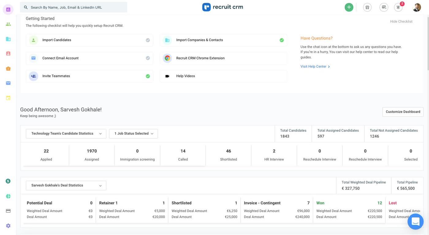 Recruit CRM dashboard showing candidate statistics and a weighted deal pipeline breakdown