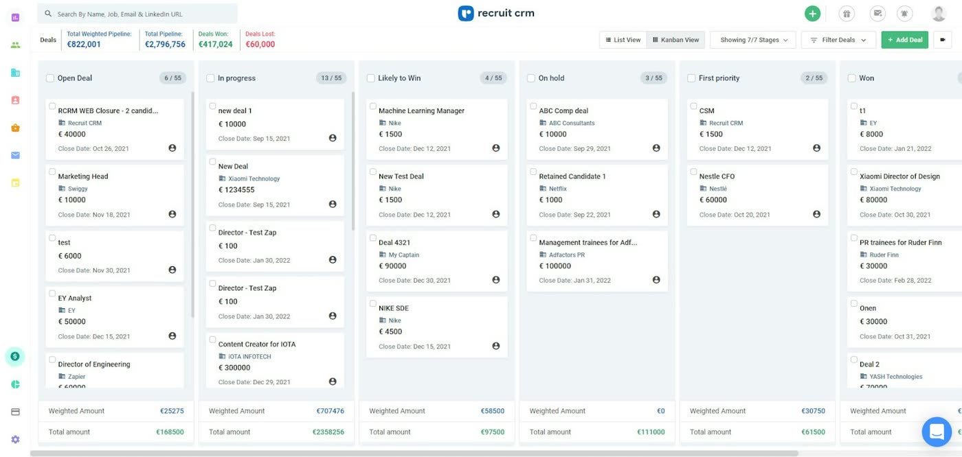 Recruit CRM deals kanban board with columns for open deal, in progress, likely to win, and won