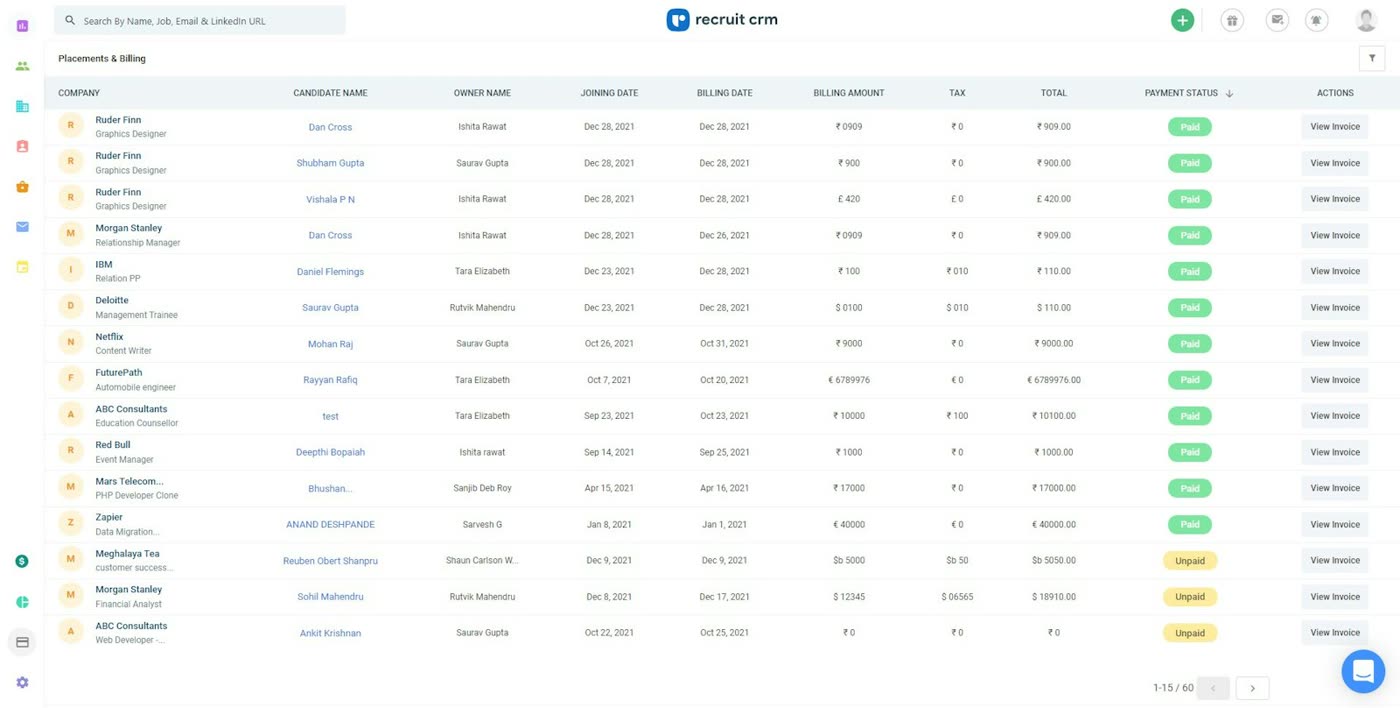 Recruit CRM placements and billing table listing candidates, joining dates, and payment status