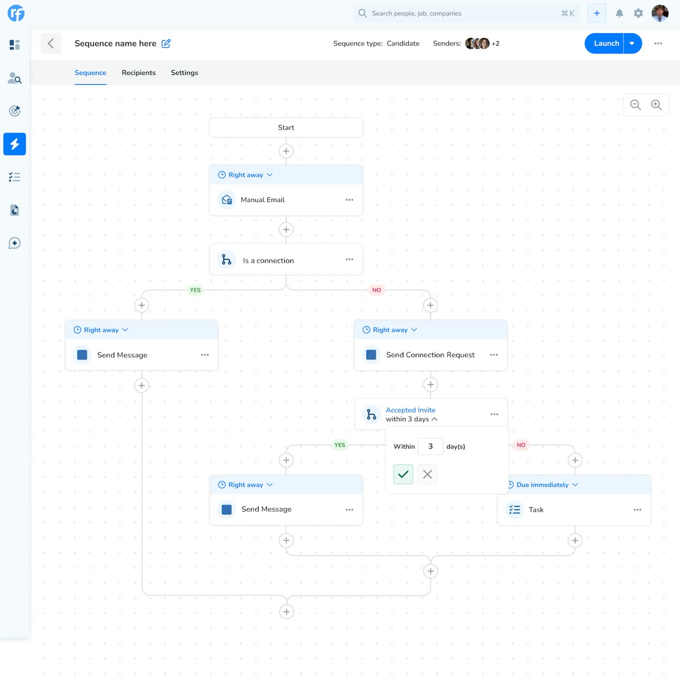 Recruiterflow multi-channel sequence builder flow chart with email, LinkedIn message, and task steps