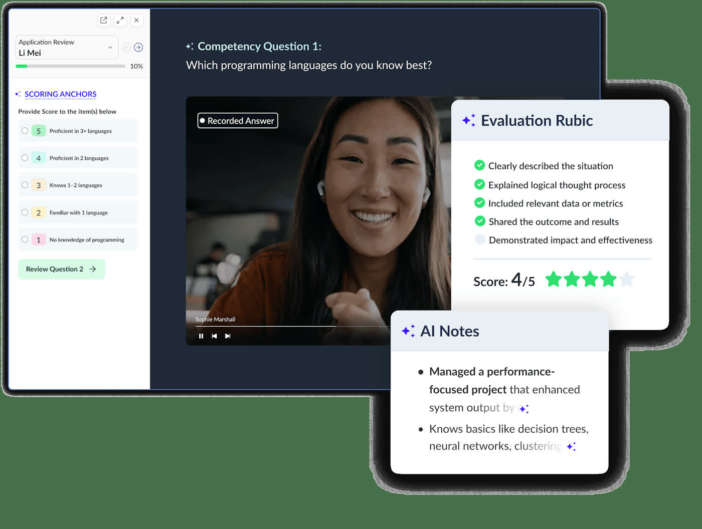 VidCruiter recorded video answer next to an AI evaluation rubric and scoring anchors