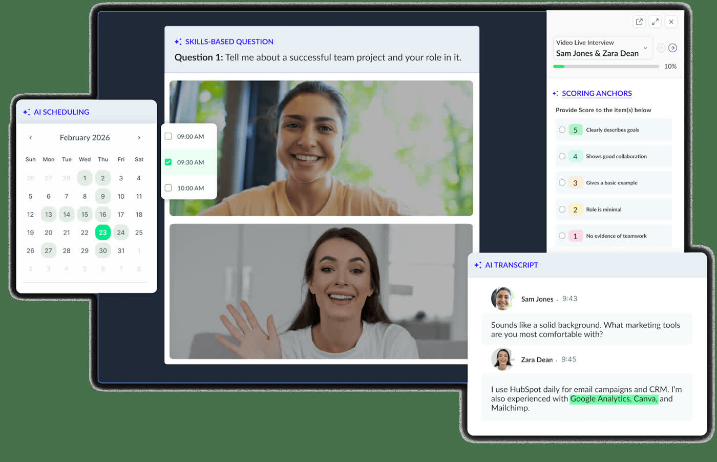 VidCruiter live video interview with AI scheduling and a real time AI transcript panel