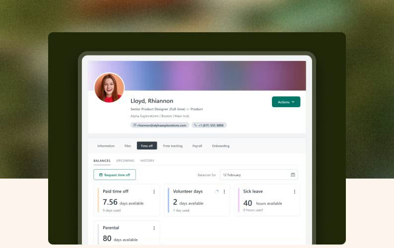 Workable employee profile showing time off balances for paid time off, volunteer days, and sick leave