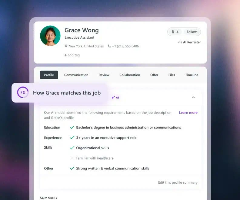 Workable AI candidate match score panel showing how a candidate matches a job based on education and experience