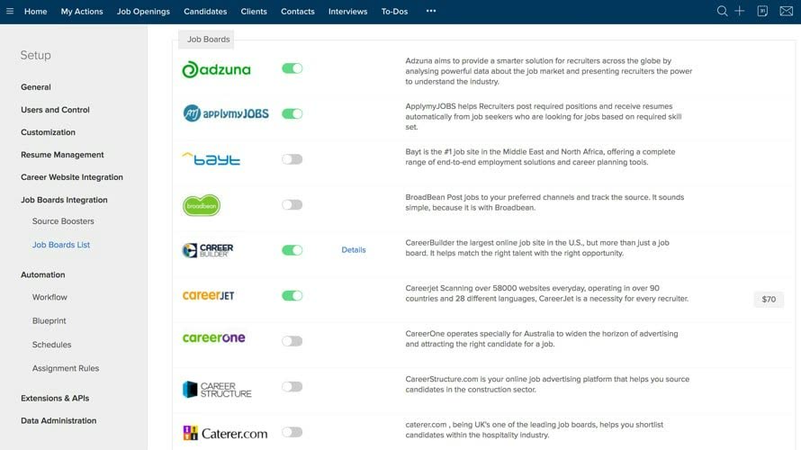 Zoho Recruit job boards integration setup listing Adzuna, CareerBuilder, and other job boards