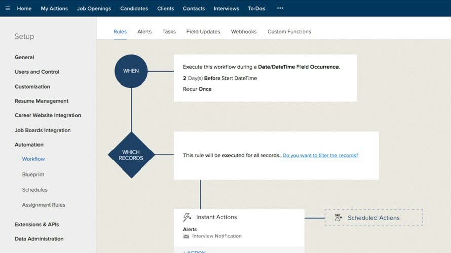 Zoho Recruit workflow automation rule builder with a date-based trigger and instant actions