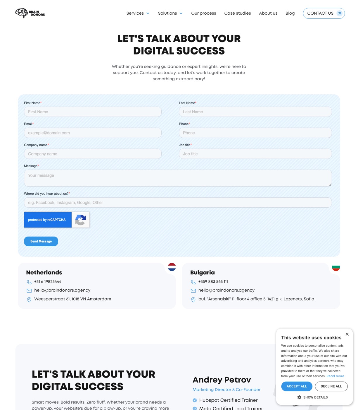BrainDonors contact page with a free funnel and HubSpot audit request form