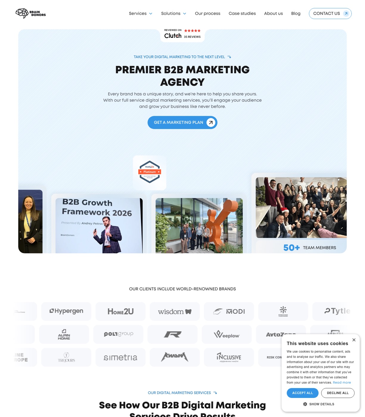 BrainDonors homepage showing HubSpot-native B2B marketing agency positioning