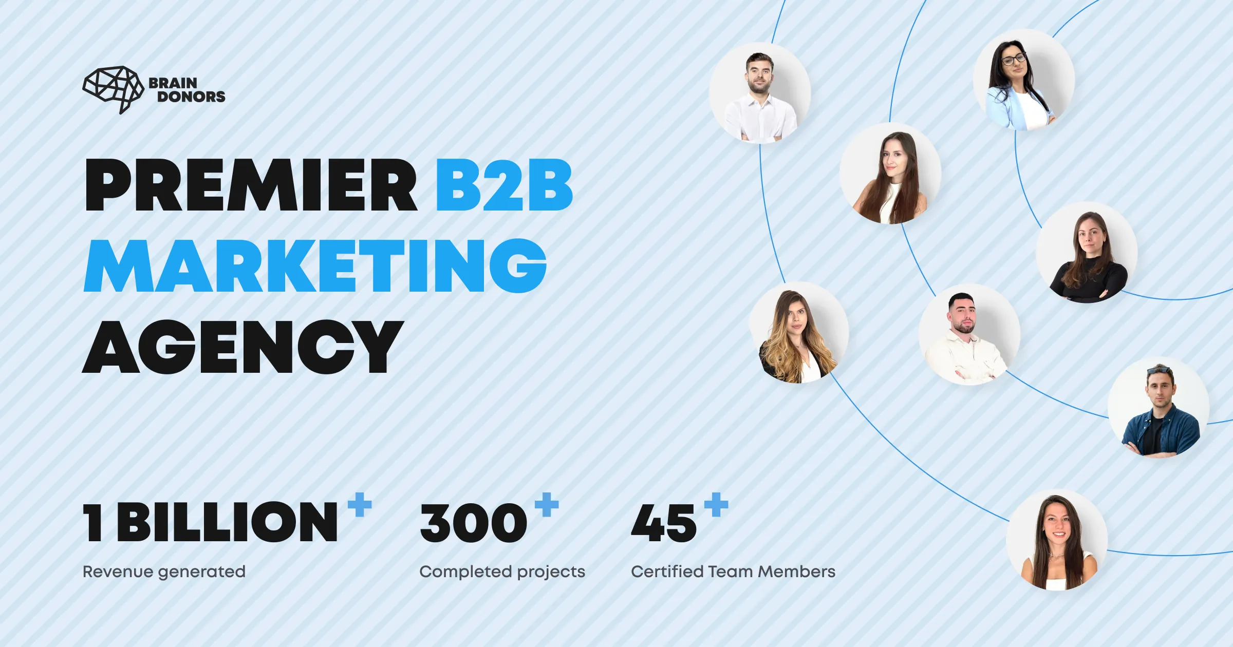 BrainDonors homepage showing its B2B marketing agency positioning with a Clutch review badge and HubSpot partner badge