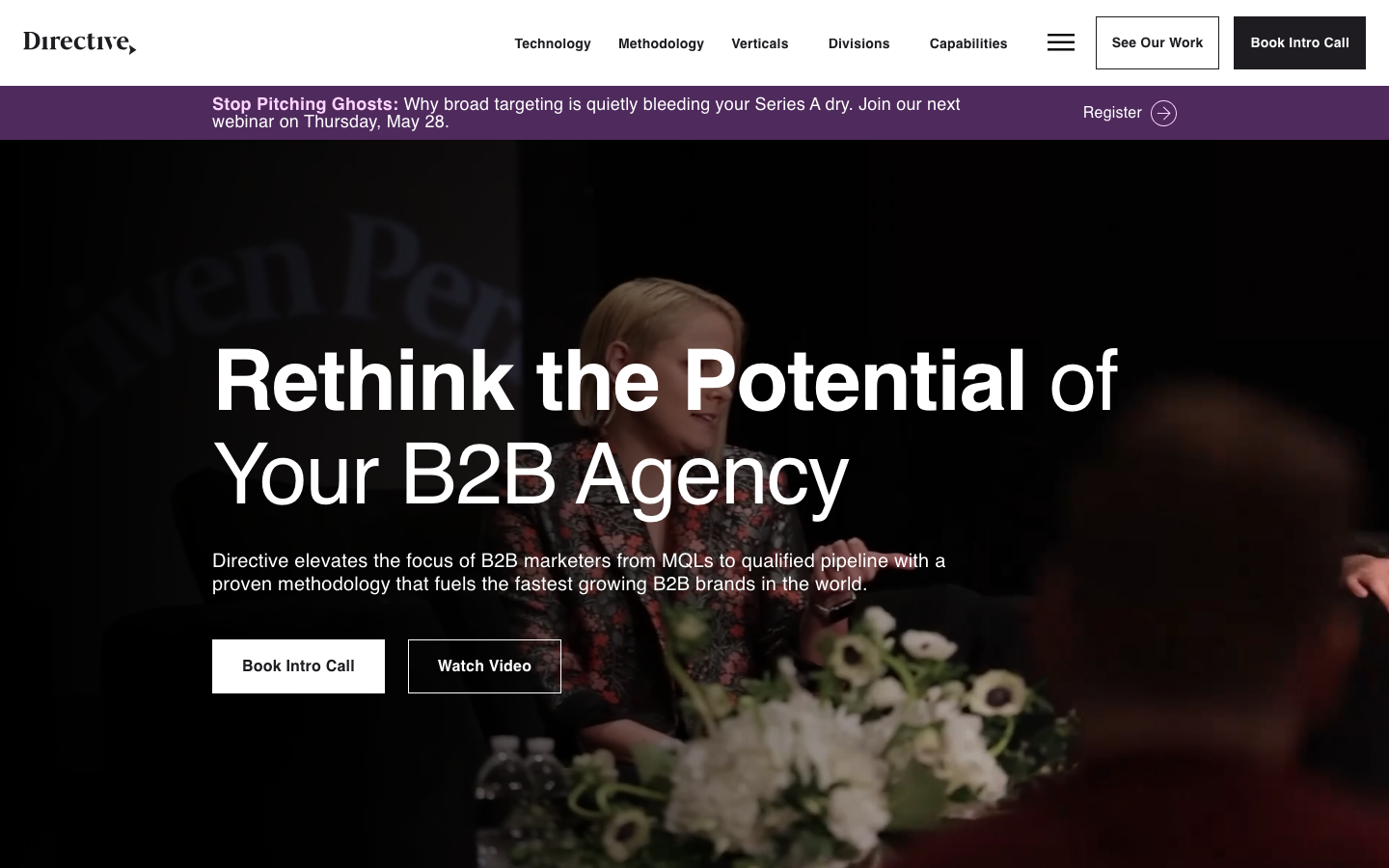 Directive Consulting homepage showing B2B agency positioning with named client logos including Snap, Gong, Adobe and ZoomInfo
