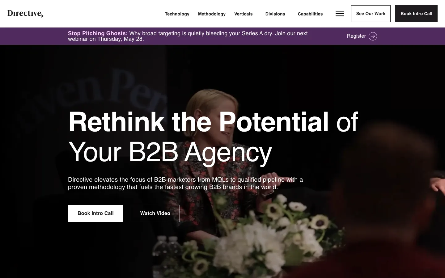 Directive Consulting homepage showing B2B agency positioning with named client logos including Snap, Gong, Adobe and ZoomInfo