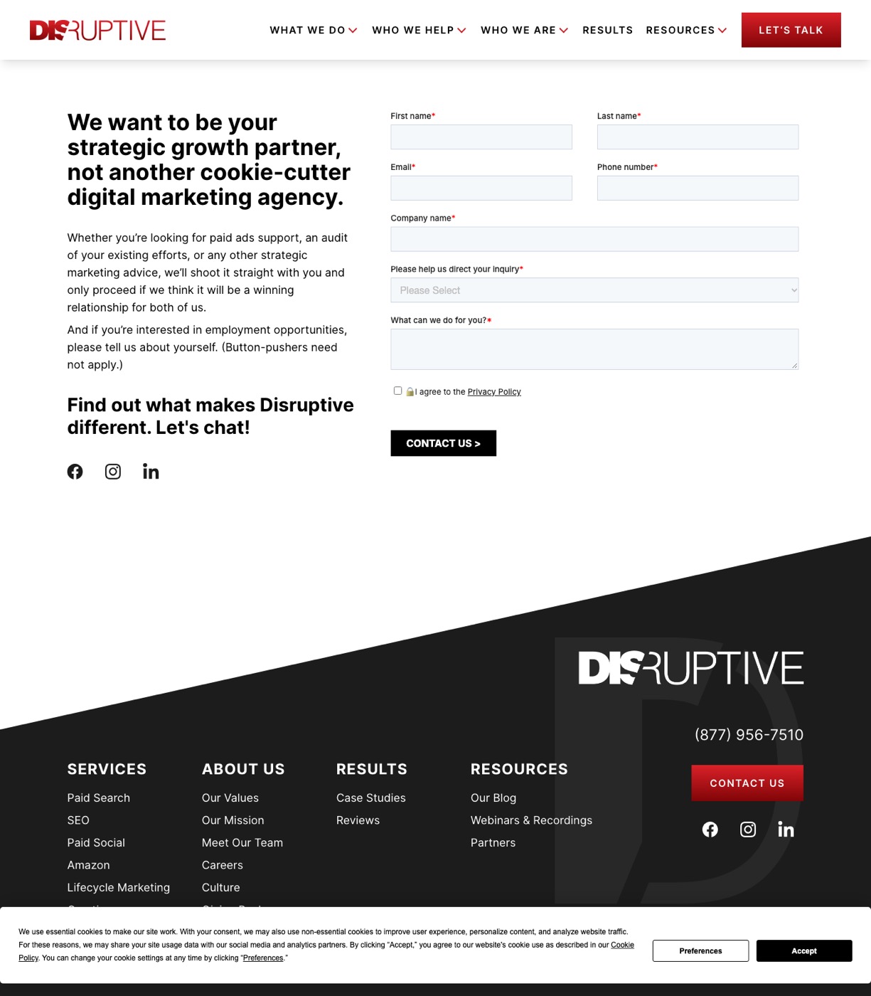 Disruptive Advertising contact page with a free audit request form