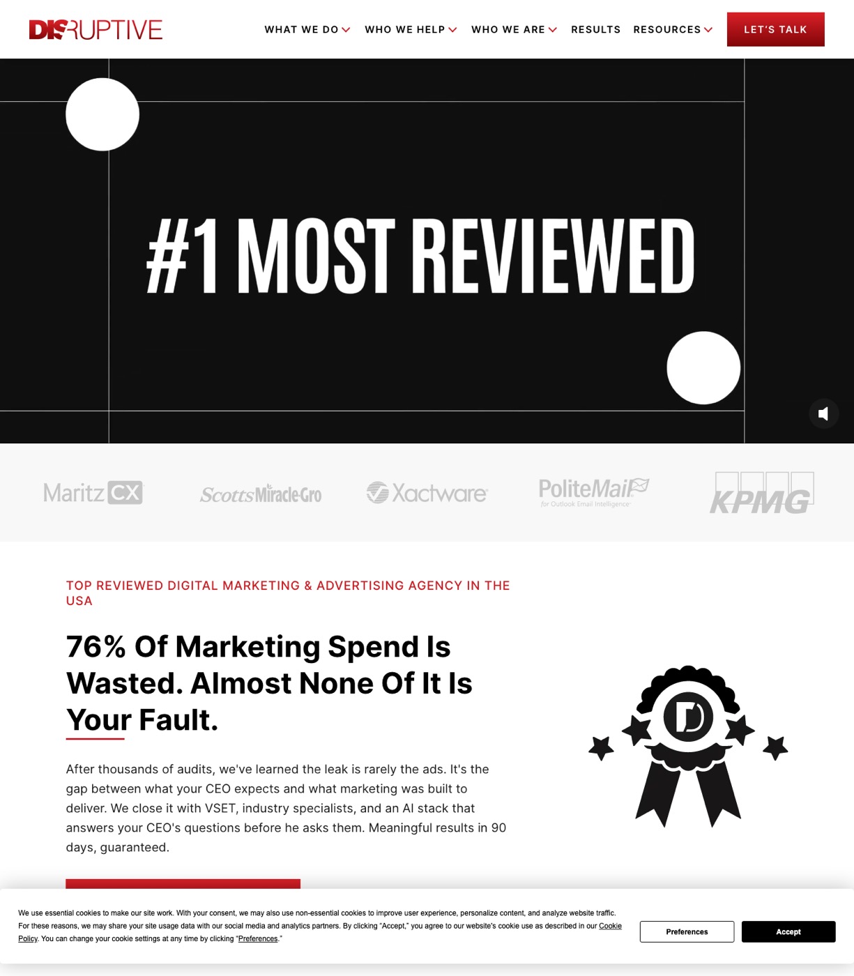 Disruptive Advertising homepage with "Most marketing budgets are wasted" headline and Clutch award badges