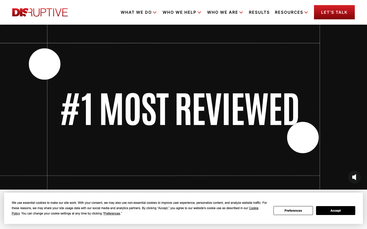 Disruptive Advertising homepage with "Most marketing budgets are wasted" headline and Clutch award badges visible